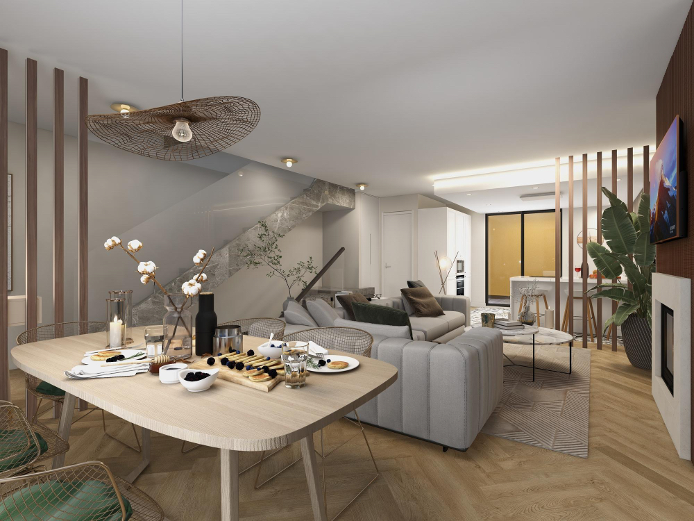 Vizualizare 3D a unui living cu scară din marmură și masă de dining din lemn