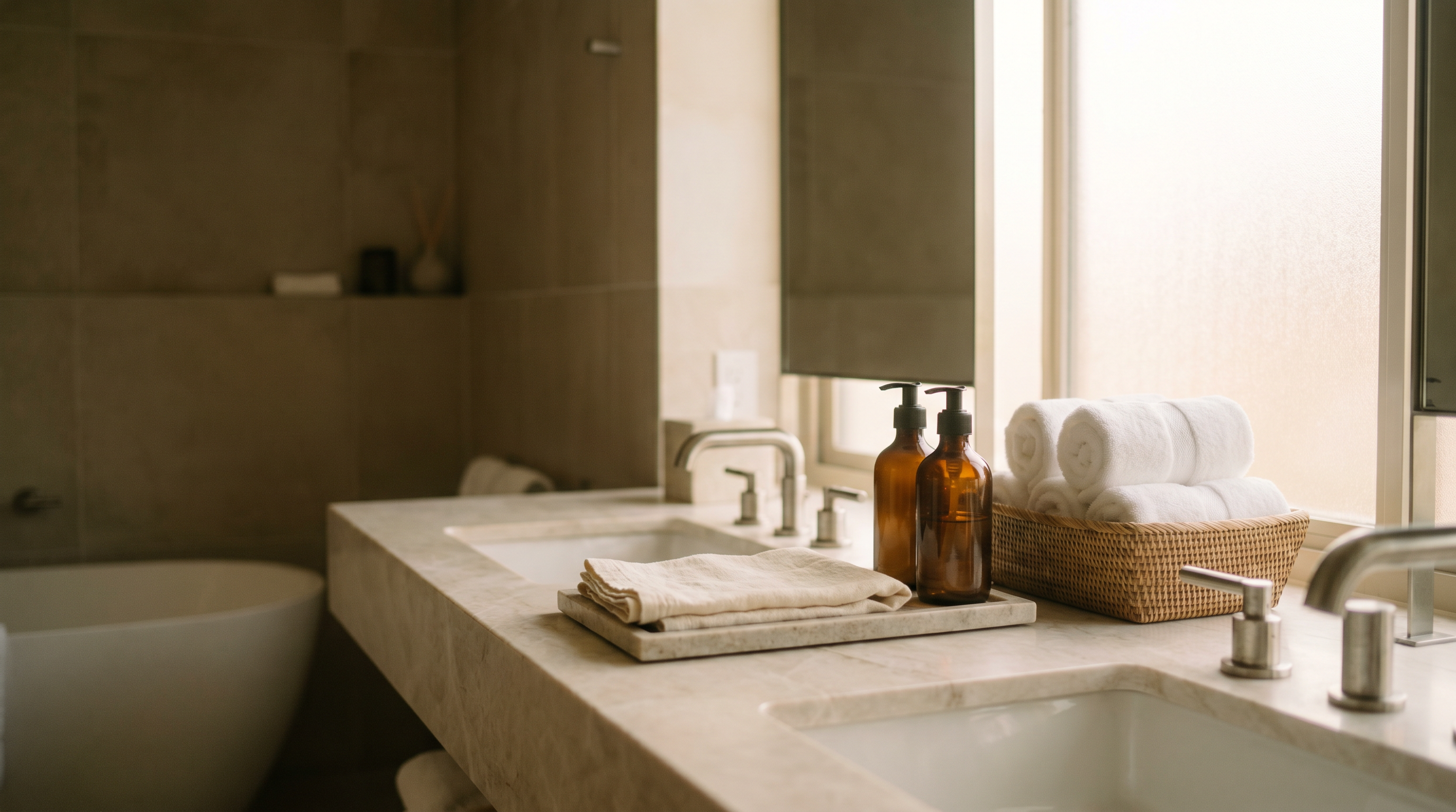 Spa-style bathroom vanity with amber soap bottles and rolled towels