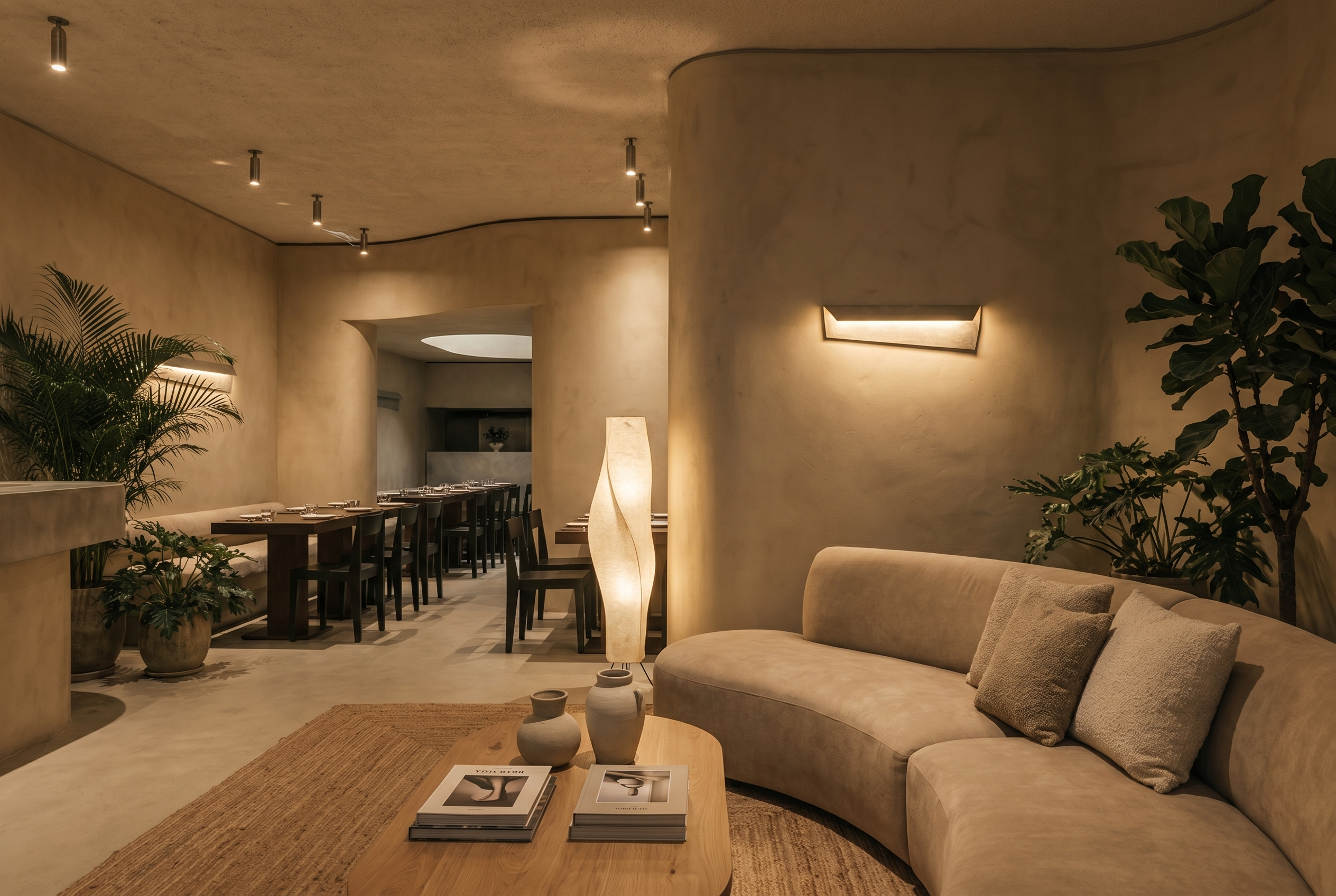 Warmly lit lounge and dining interior