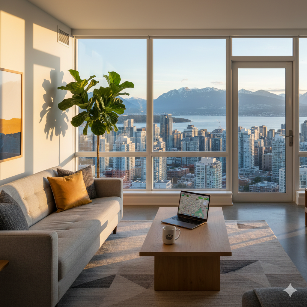 Bright NestFlex living room with floor-to-ceiling views over Vancouver and the mountains